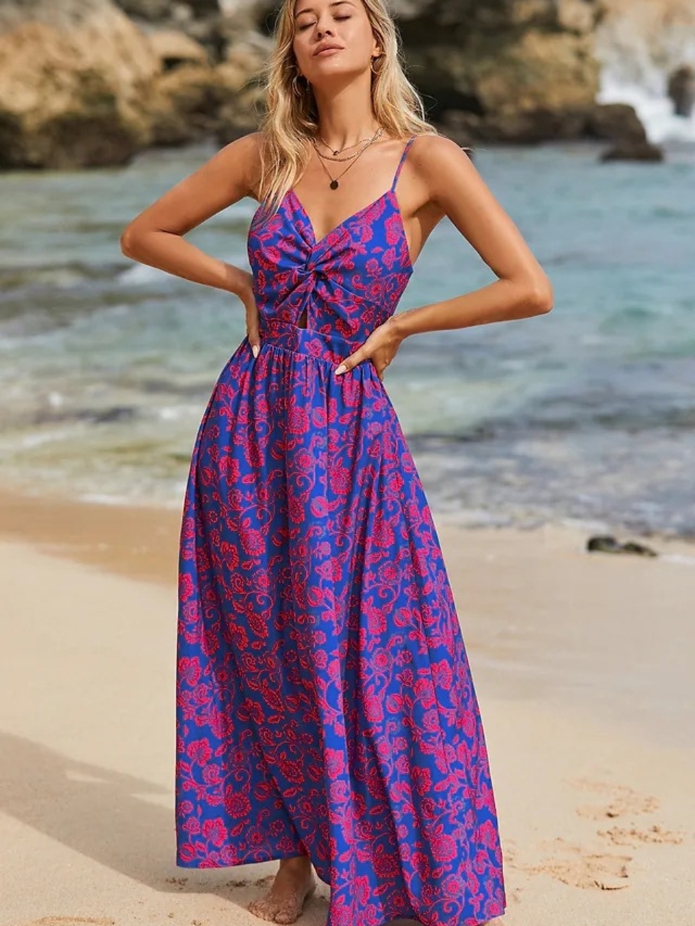 Cupshe Blue & Pink Paisley Knot-Front Spaghetti-Strap Maxi Dress